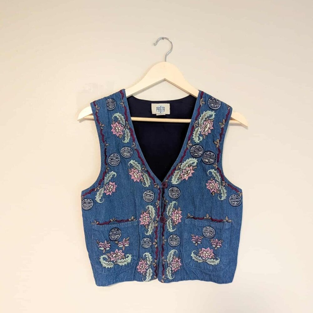 Vintage Denim-Front Button-up Floral Vest
